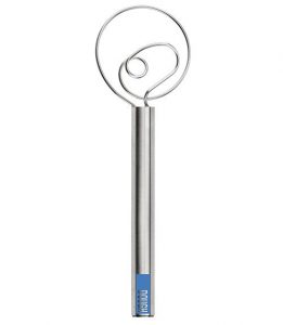 A stainless steel dough whisk