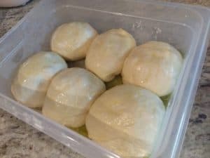 Six dough balls, ready to ferment some more